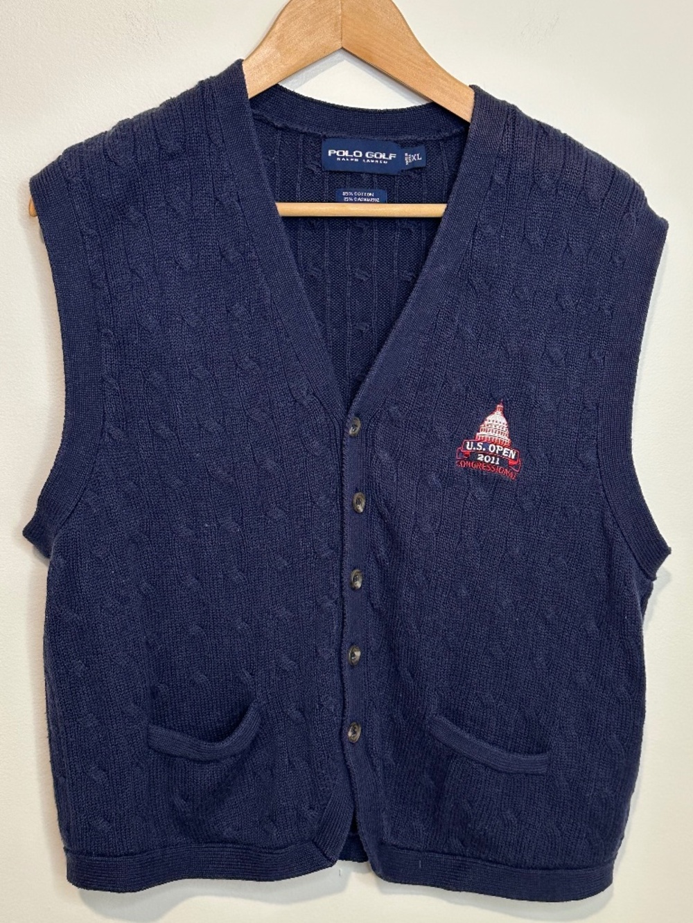 Ralph Lauren Polo Golf 2011 US Open Navy Blue Button Up Sweater Vest XL